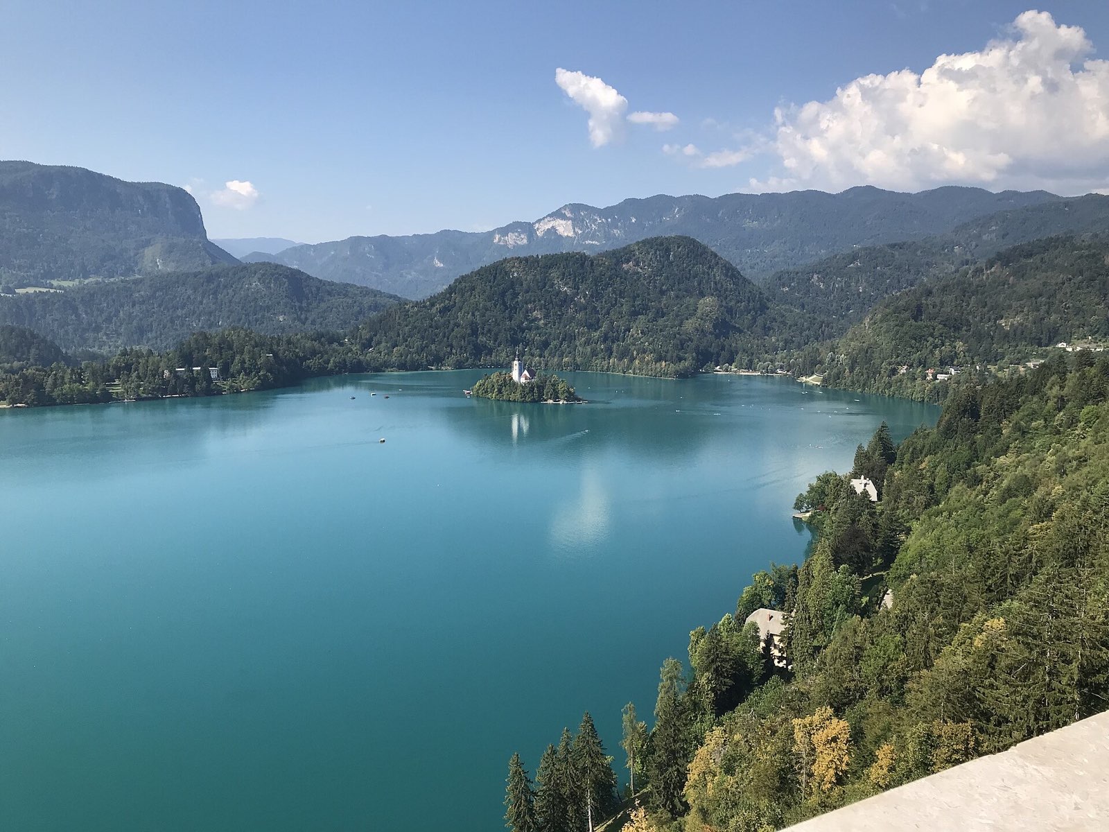 Lake Bled with its island and the Julian Alps, seen from Bled Castle