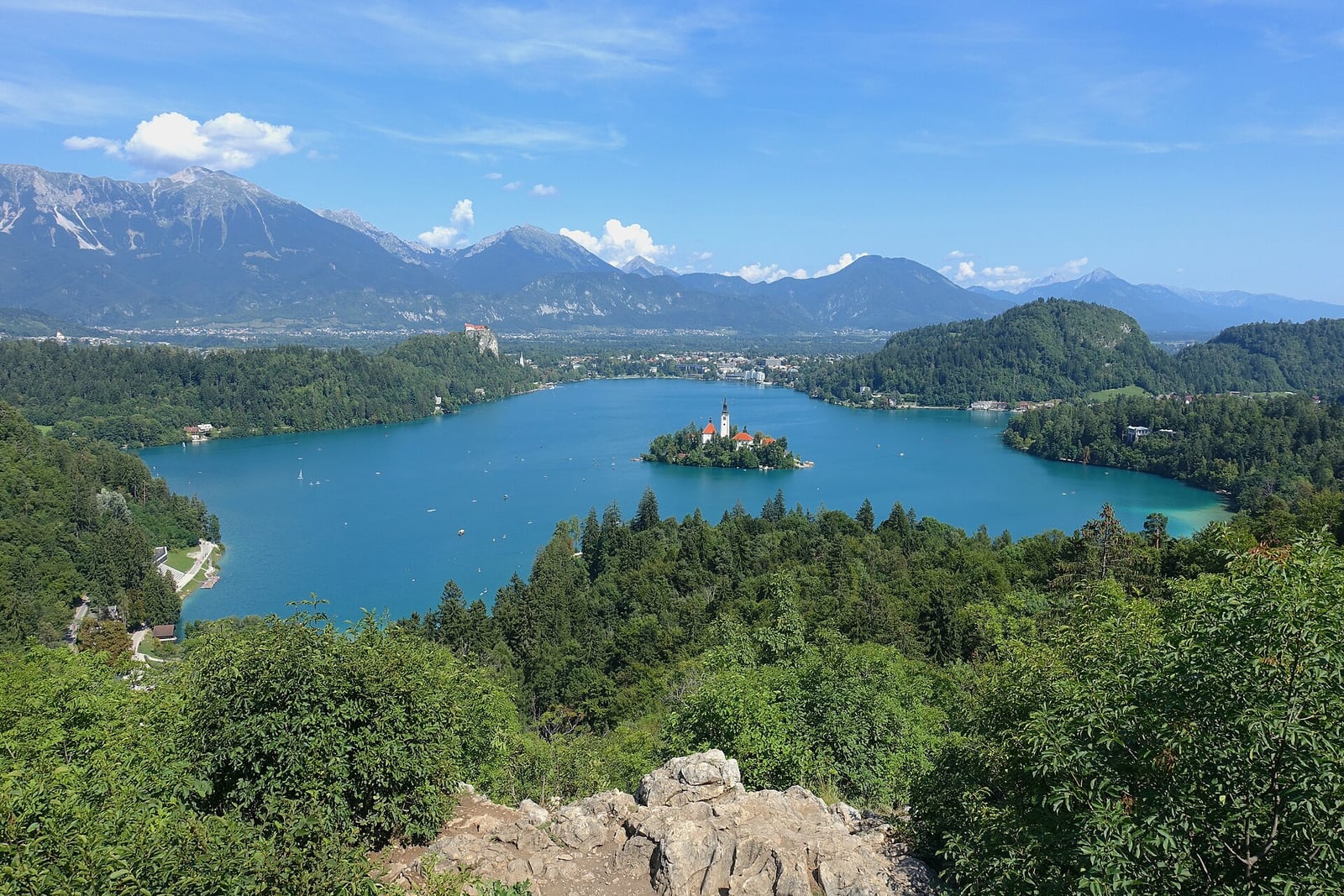 Lake Bled, its island and the Alps seen from the Ojstrica viewpoint